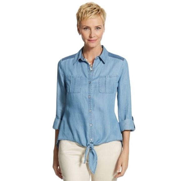 Chico’s Tencel Chambray Tie Front Button Down Shirt Convertible Sleeves 1 (M/8) - Picture 1 of 16